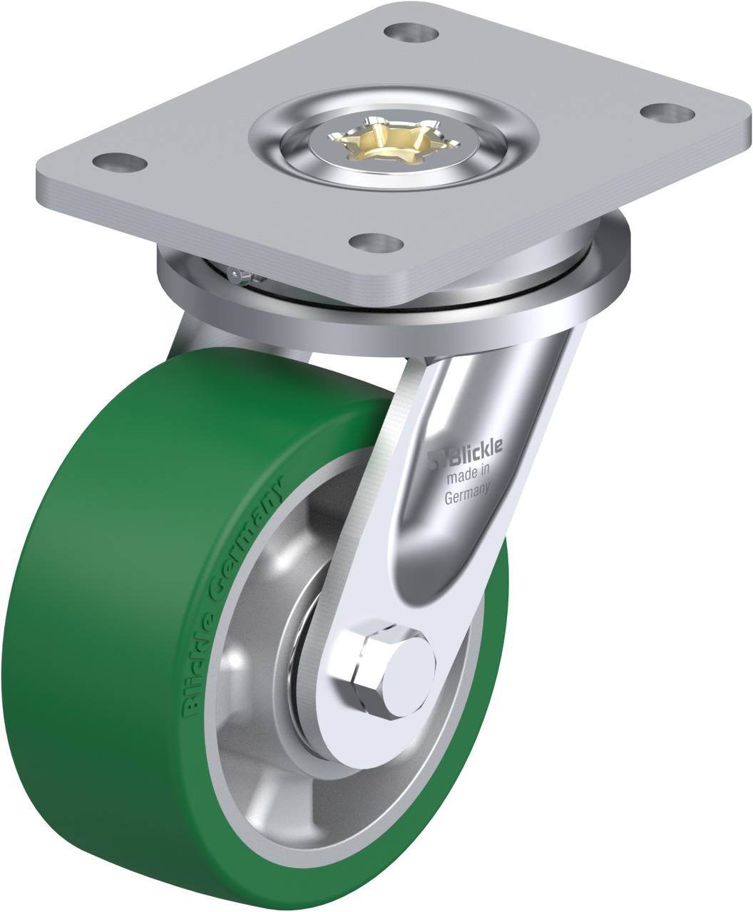 Metallrolle mit grünem Rad und rechteckiger Befestigungsplatte, geeignet für Möbel oder Industrieausrüstung. Aufschrift 'Blickle'.