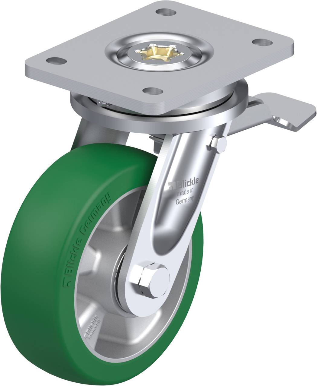 Schwenkrolle mit grünem Rad und Metallgehäuse, ausgestattet mit einem Bremselement. Geeignet für den Einbau in Möbel oder Geräte.