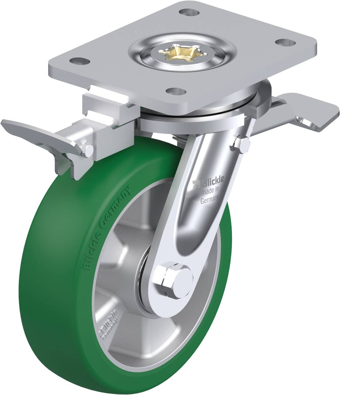 Industrie-Rollenrad mit grünem Gummi, Metallhalterung und Drehgelenk. Geeignet für schwere Lasten und leichte Bewegung.