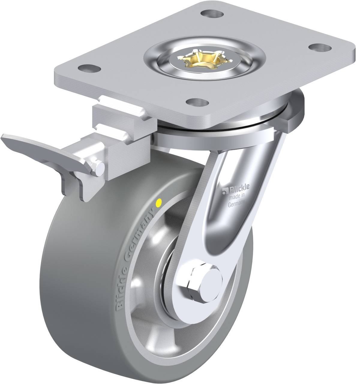 Industrielle Lenkrolle mit grauem Gummirad, Metallelementen und Feststeller. Geeignet für schwere Lasten und vielseitige Anwendungen.