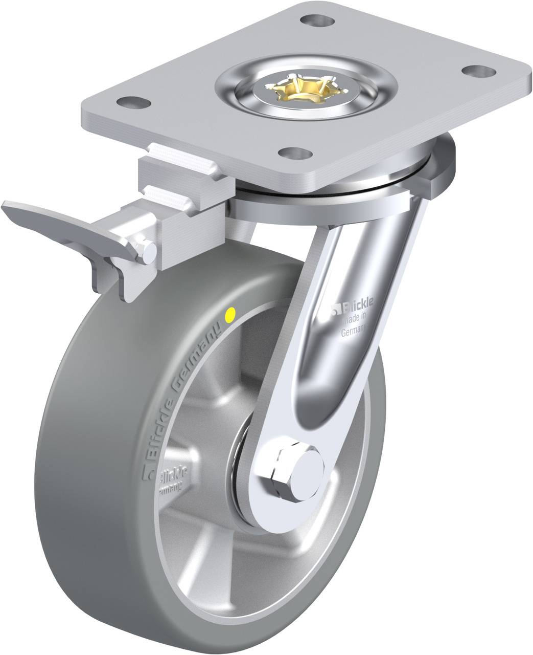 Ein einzelnes graues Schwenkrollenrad aus Metall und Gummi mit Montageplatte und Verriegelungsmechanismus. Geeignet für industrielle Anwendungen.