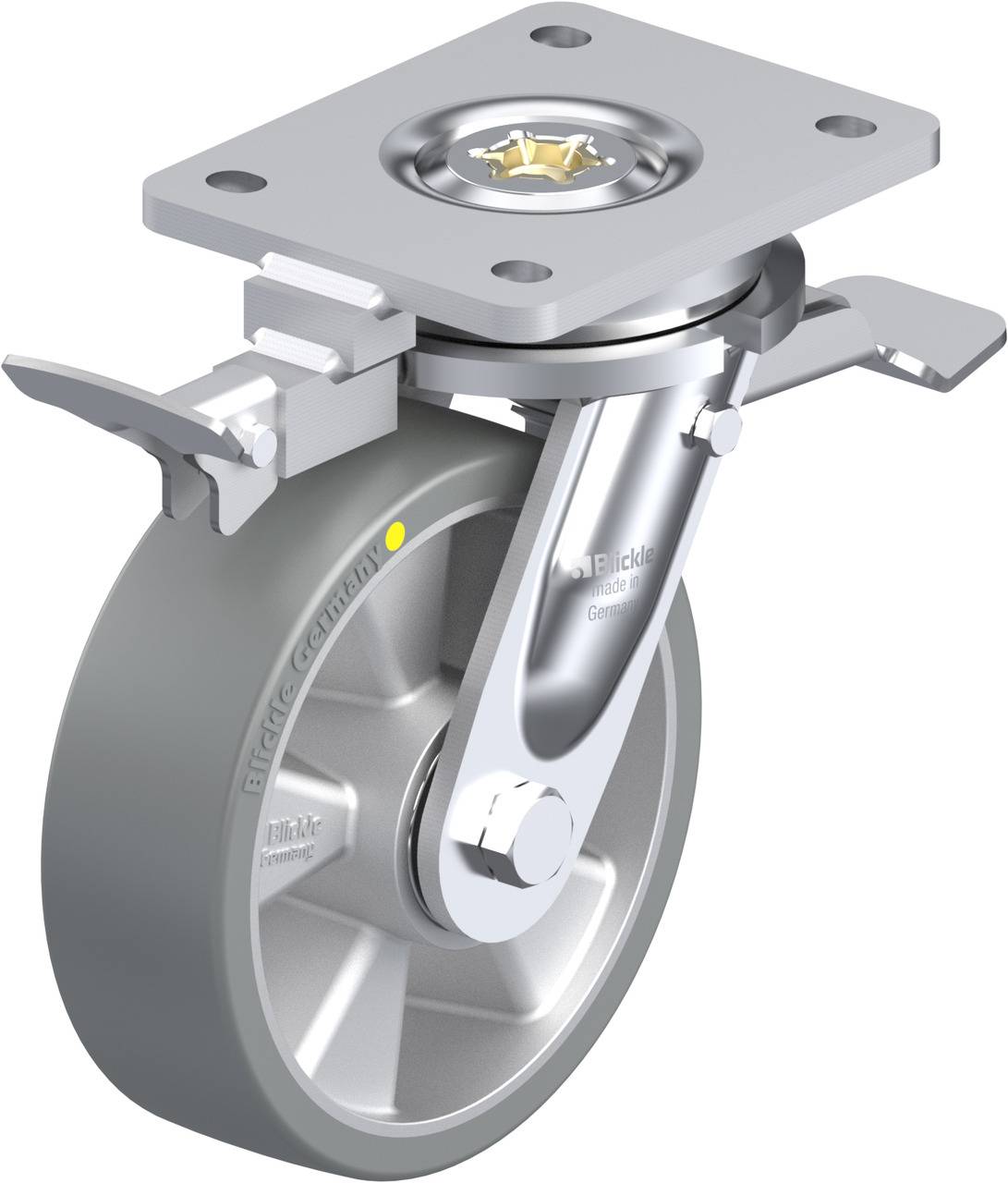 Graues Rad mit Halterung und Bremse, ideal für Transportgeräte.