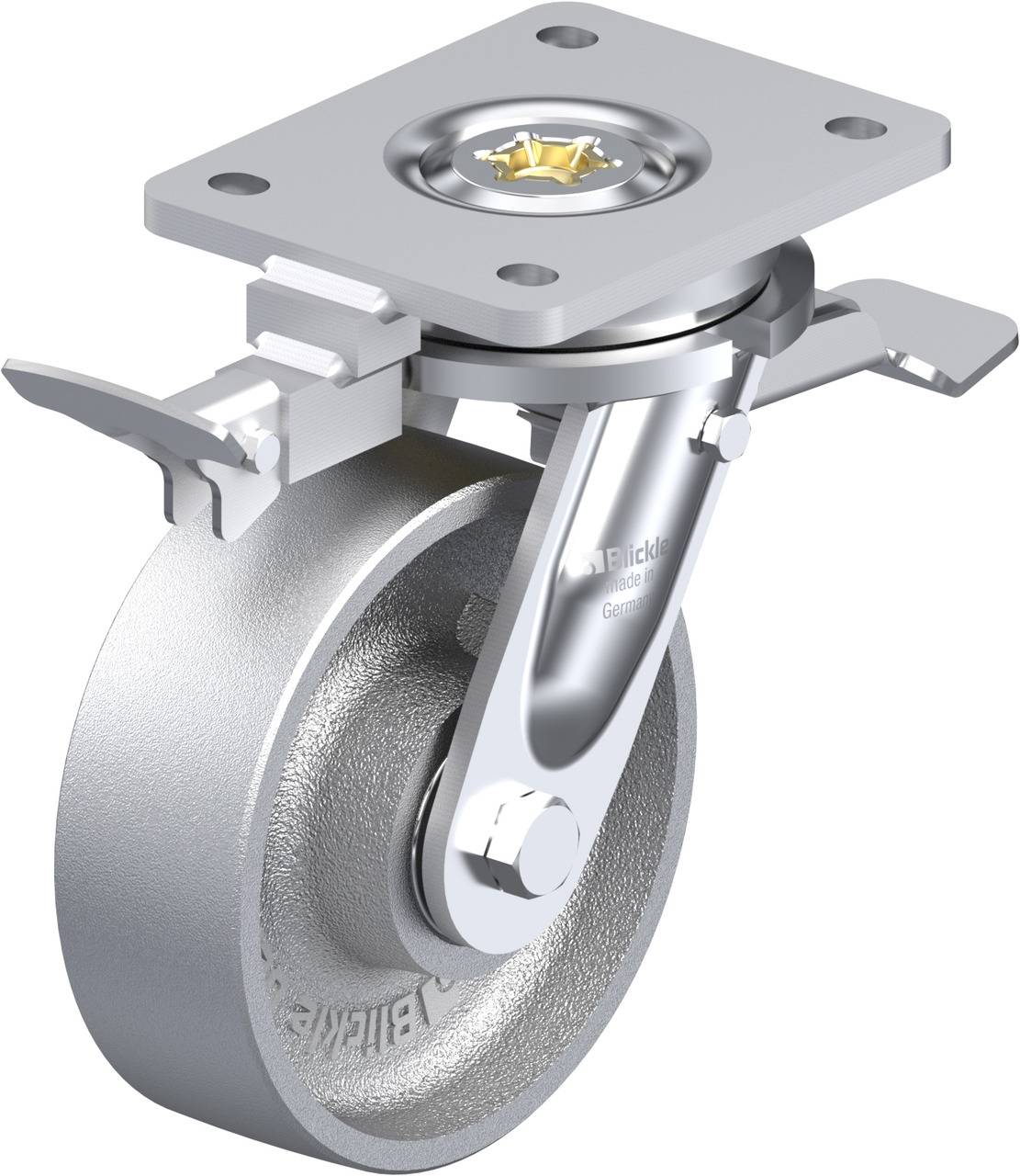 Industrie-Bockrolle aus Metall mit drehbarer Halterung und Bremsvorrichtung, geeignet für schwere Lasten.