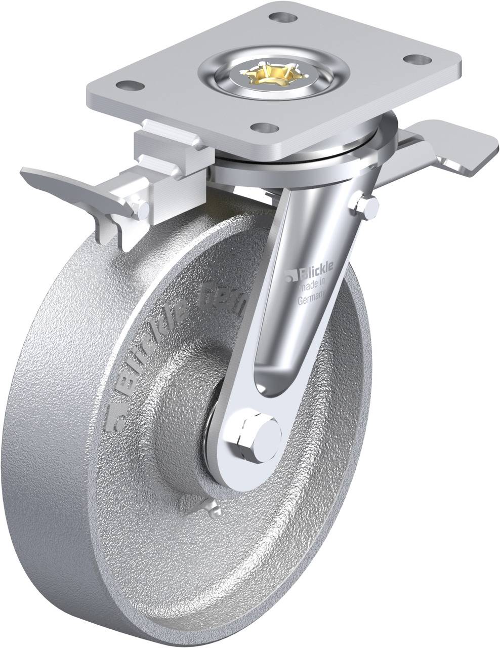 Industrie-Lenkrolle mit starrem Metallgehäuse und Befestigungsplatte für schwere Lasten. Enthält Feststellbremse und Kugellager.