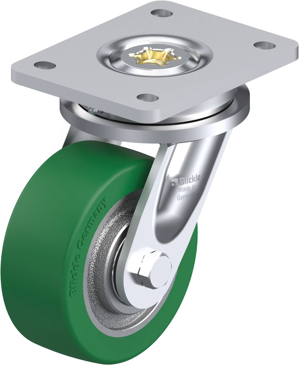 Einzeln unterstütztes drehbares Laufrollenrad mit grünem Gummi, silberner Metallplatte und Halterung, geeignet für Möbel oder Transportmittel.