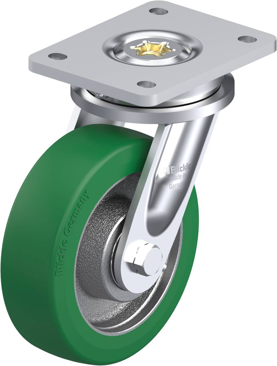 Eine grüne Lenkrolle mit Metallhalterung und flacher Montageplatte, geeignet für den Einsatz an Wagen oder Möbeln zur Erleichterung der Bewegung.