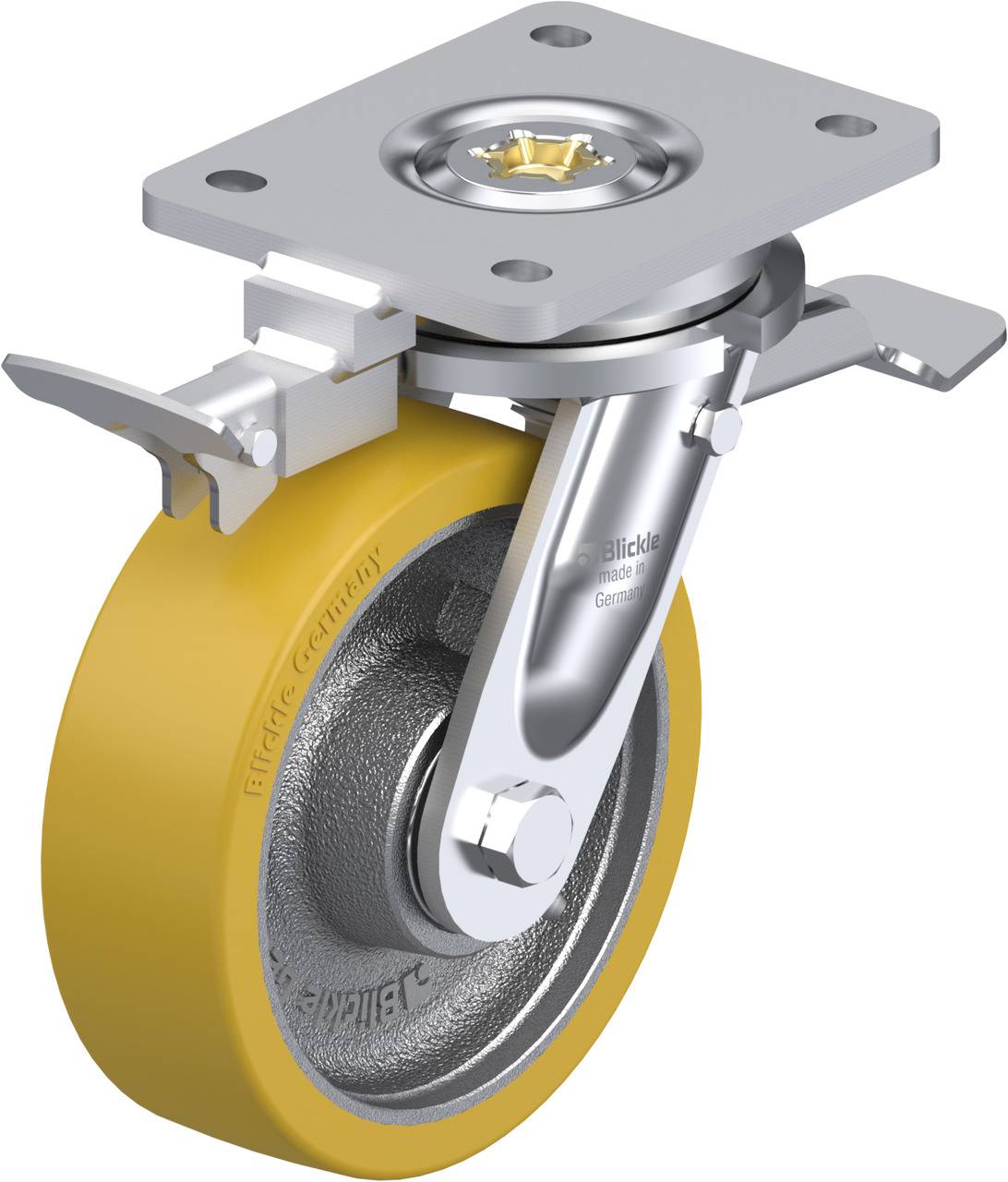 Industrie-Lenkrolle mit gelbem Rad und grauem Metallgehäuse. Oben ist eine Montageplatte, die Drehbewegungen ermöglicht.