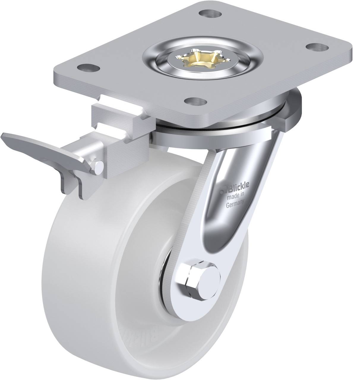Weißes Rad mit Metallhalterung und Bremse, geeignet für Möbel oder Gerätebewegung.