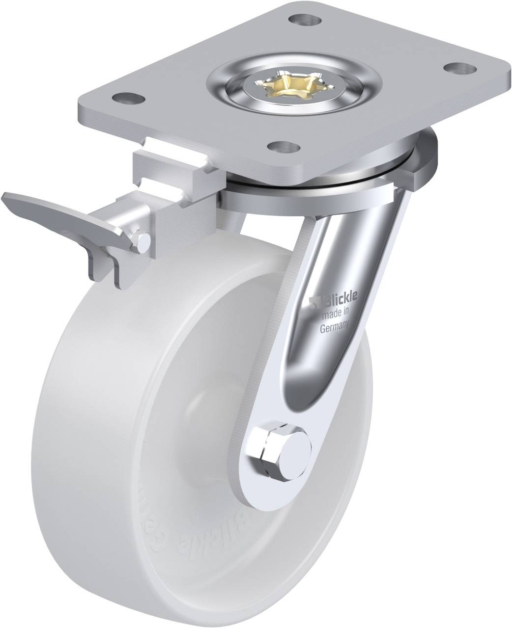 Ein weißes Schwenkrolle mit Metallplatte und Feststellbremse, geeignet für industrielle Anwendungen.