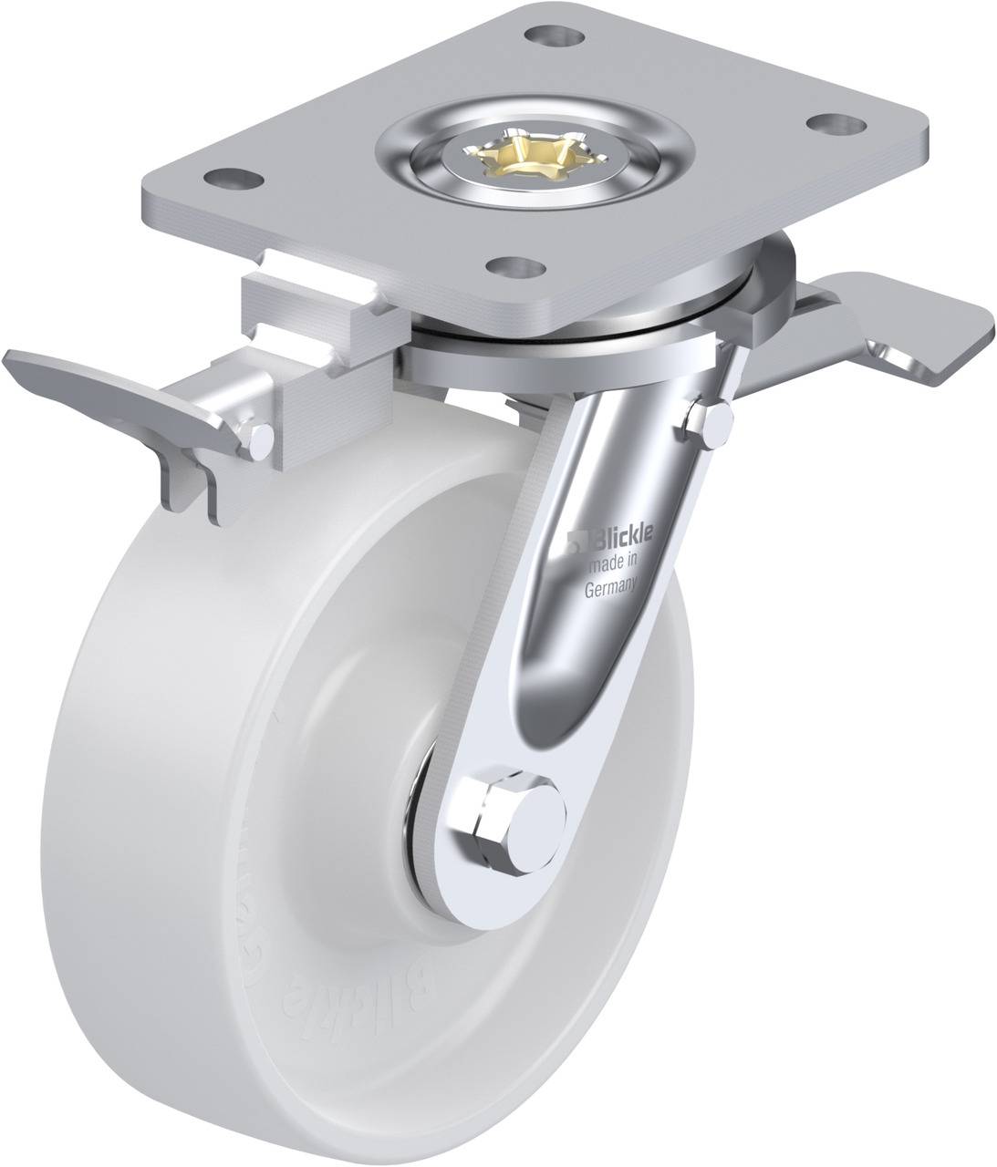 Schwenkrolle mit Befestigungsplatte und Bremse, geeignet für schwere Lasten. Weiße, robuste Kunststoffrolle auf Metallgabel.