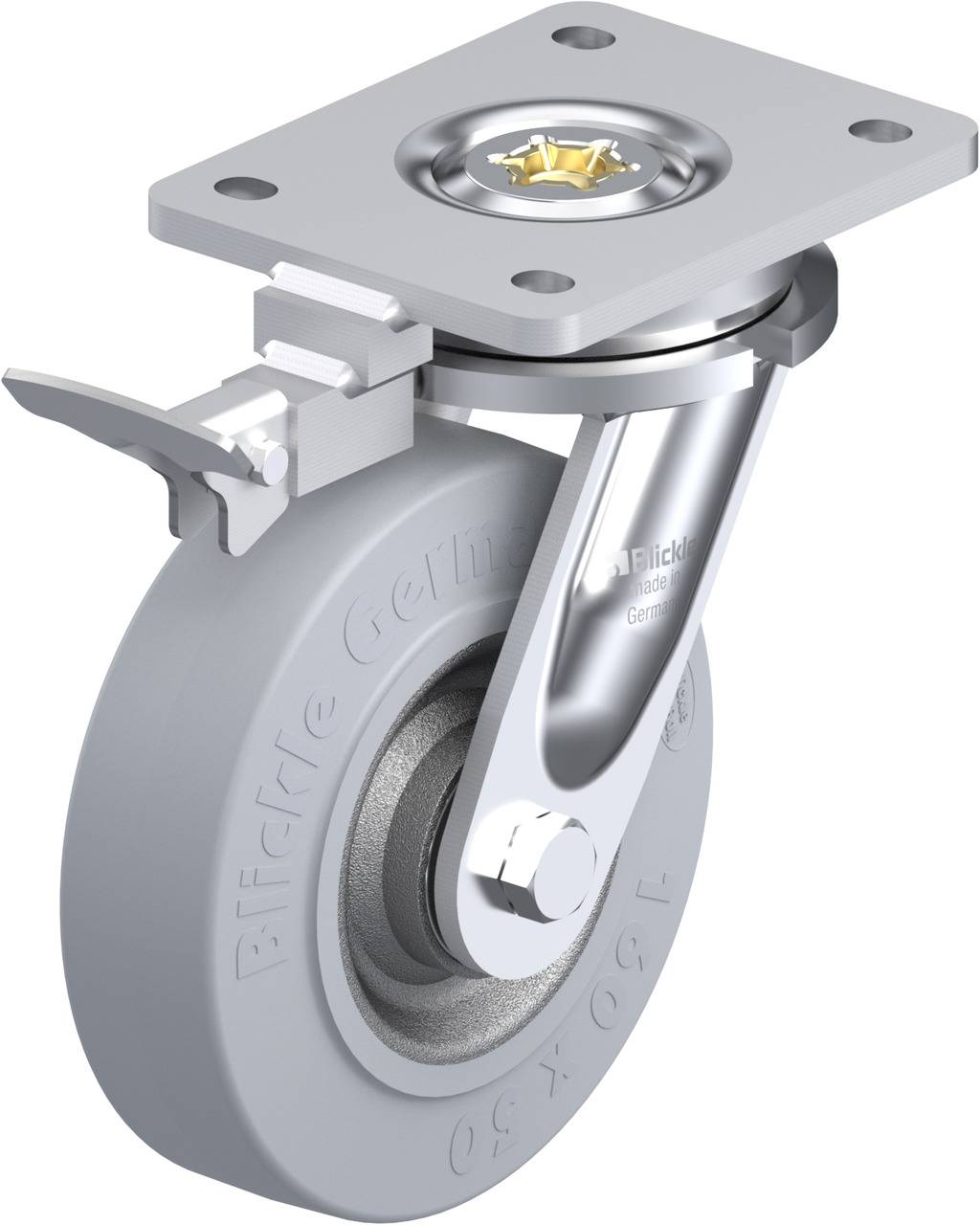 Grau-metallisches Lenkrollenrad mit Befestigungsplatte und Bremsmechanismus, geeignet für Industrieanwendungen.