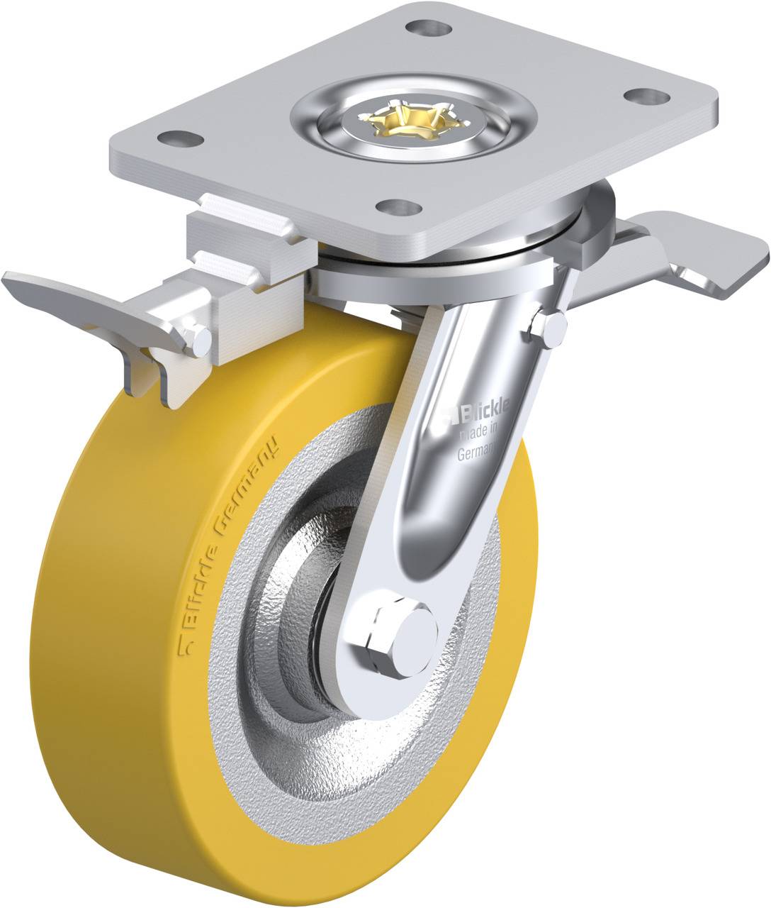Industrie-Schwenkrolle mit gelbem Rad, Metallgehäuse und Bremse. Verwendet für schwere Lasten in Transport- oder Produktionsumgebungen.