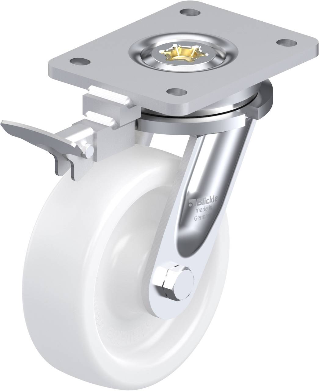 Drehbare Rolle mit weißem Rad und Metallaufhängung. Oben befindet sich eine rechteckige Metallbefestigung mit integriertem Drehmechanismus.