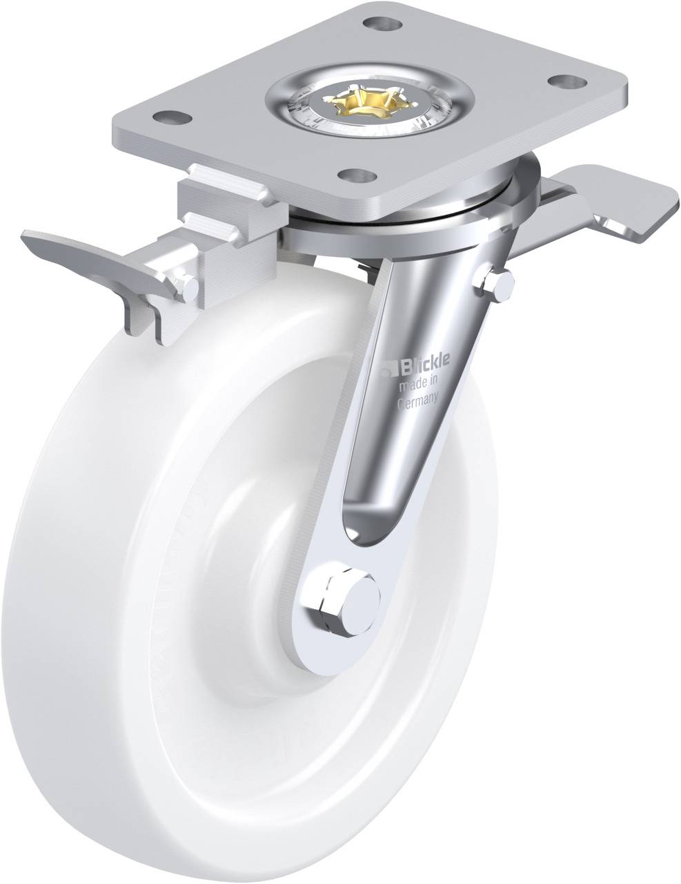 Ein Lenkrollensystem mit einem weißen Rad und einer silbernen Halterung, ausgestattet mit einer Platte und einem Drehmechanismus.