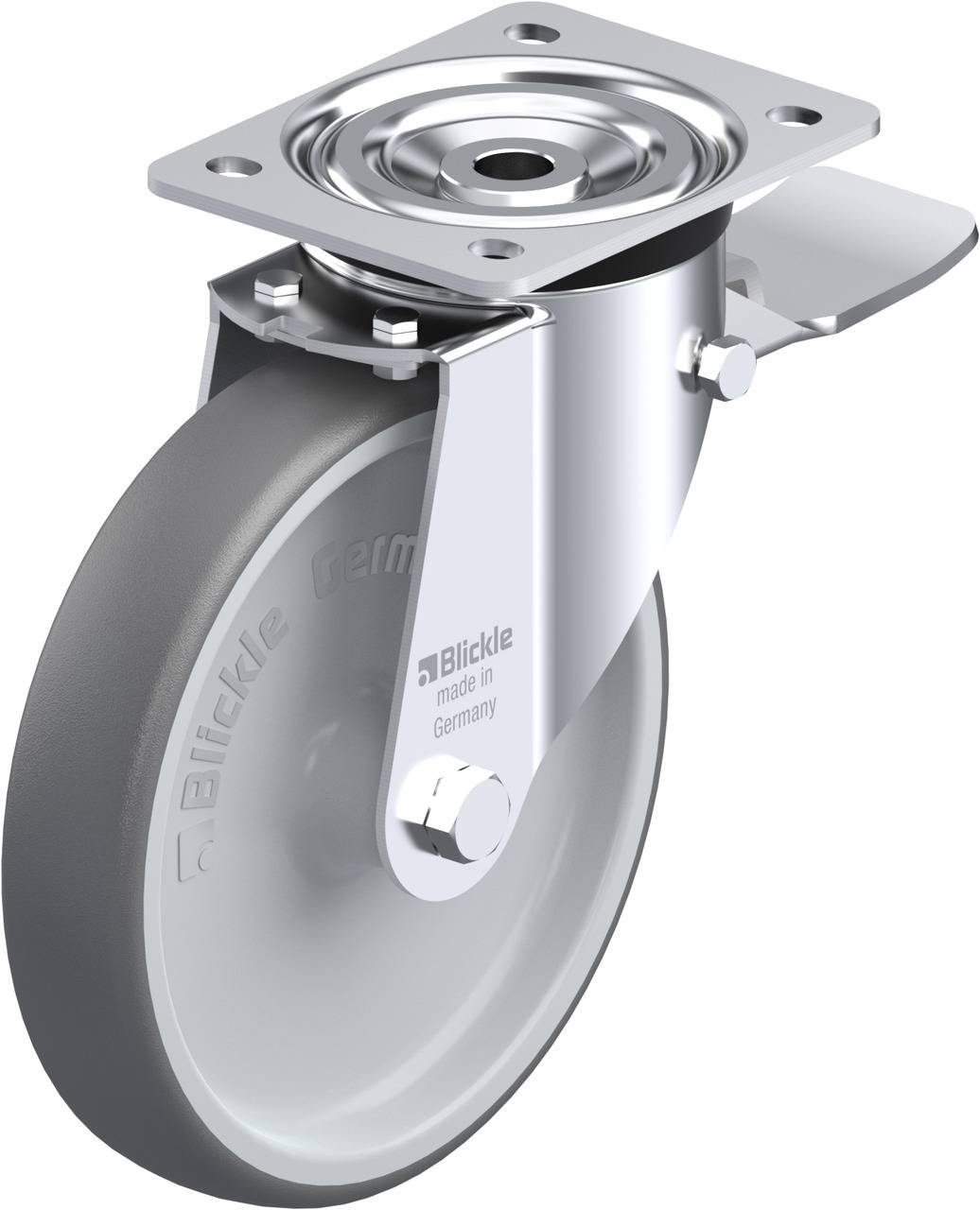 Industrielles Lenkrollenrad aus Metall und Gummi mit rechteckiger Montageplatte, geeignet für schwere Lasten. Aufdruck: 'Blickle made in Germany'.
