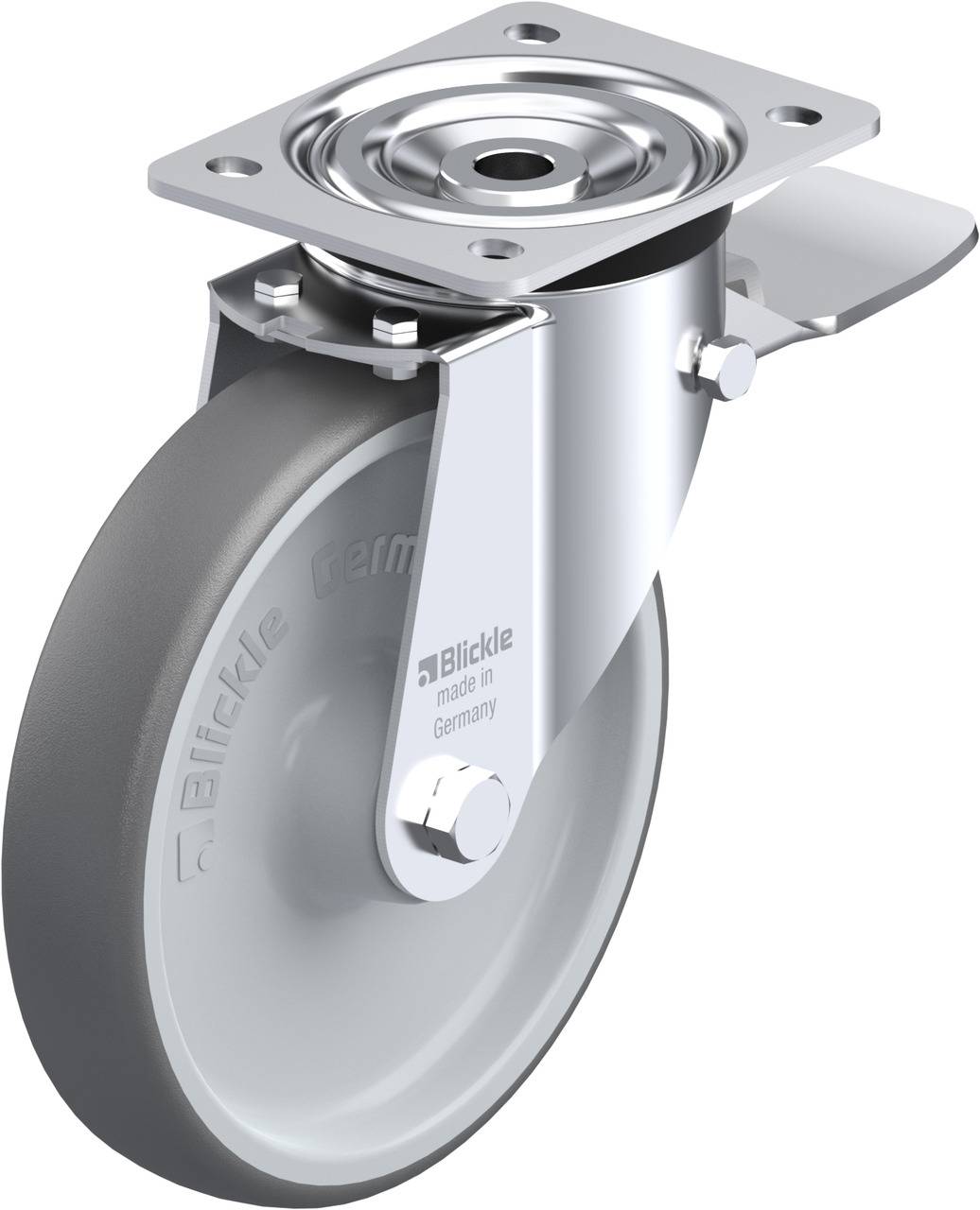 Schwenkrolle mit Bremse, graues Rad und Metallplatte oben. Aufschrift 'Blickle made in Germany'.