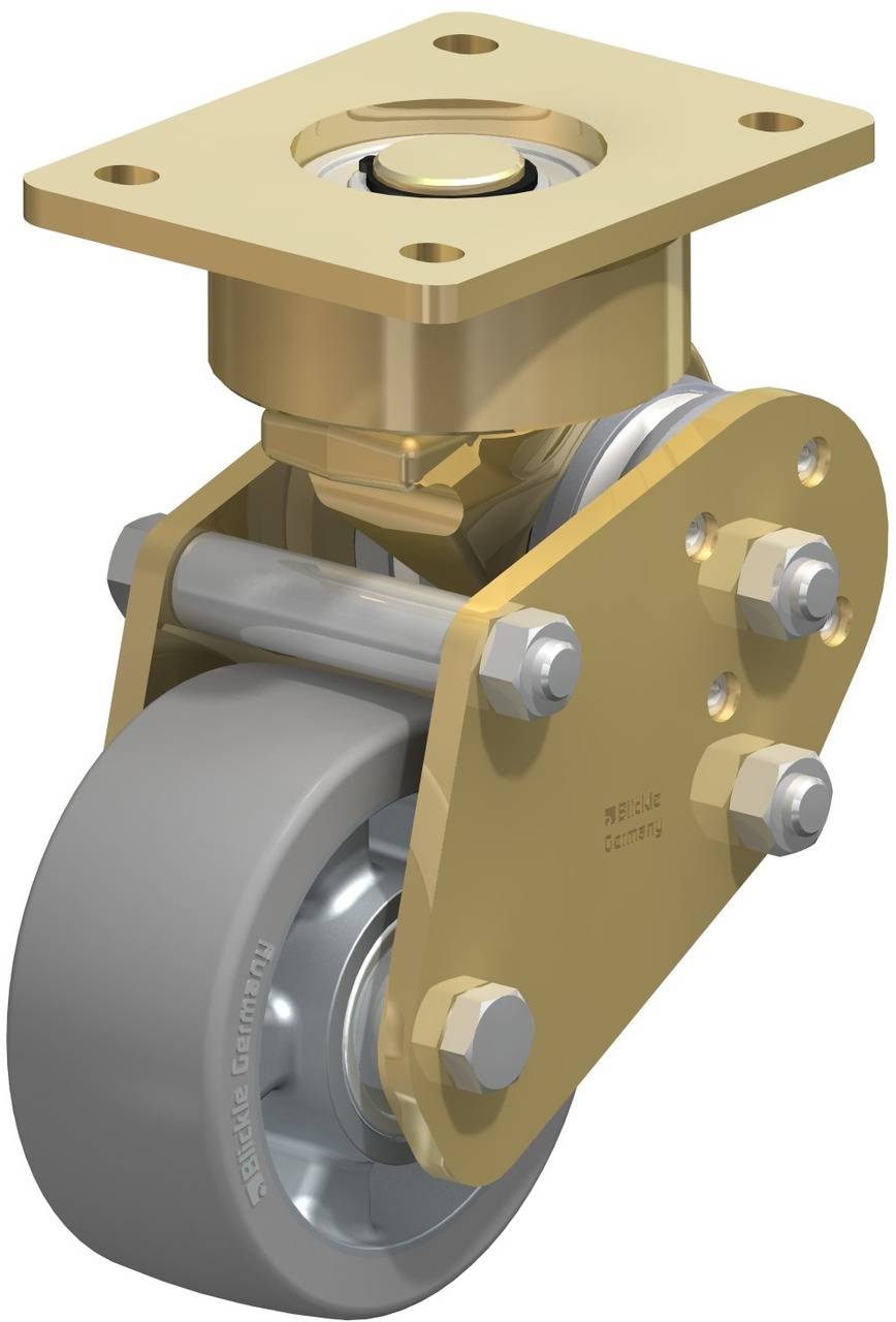 Ein drehbares Industrielenkrollenrad mit goldfarbenem Gehäuse und grauem Rad. Geeignet für schwere Lasten und industrielle Anwendungen.