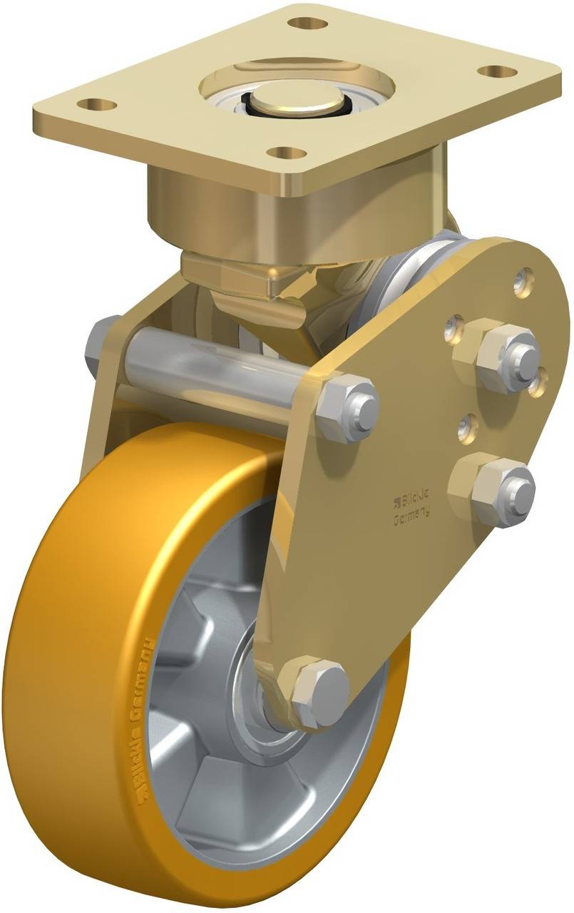 Schwenkrolle mit gelbem Rad auf Metallhalterung, geeignet für schwere Lasten.