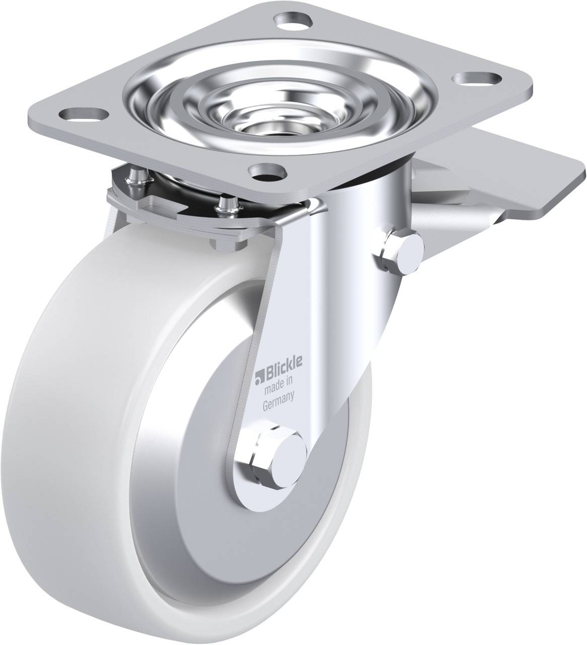 Metallenes Lenkrollenrad mit weißem Gummiband, geeignet für den Industriegebrauch. Marke auf der Halterung erkennbar.