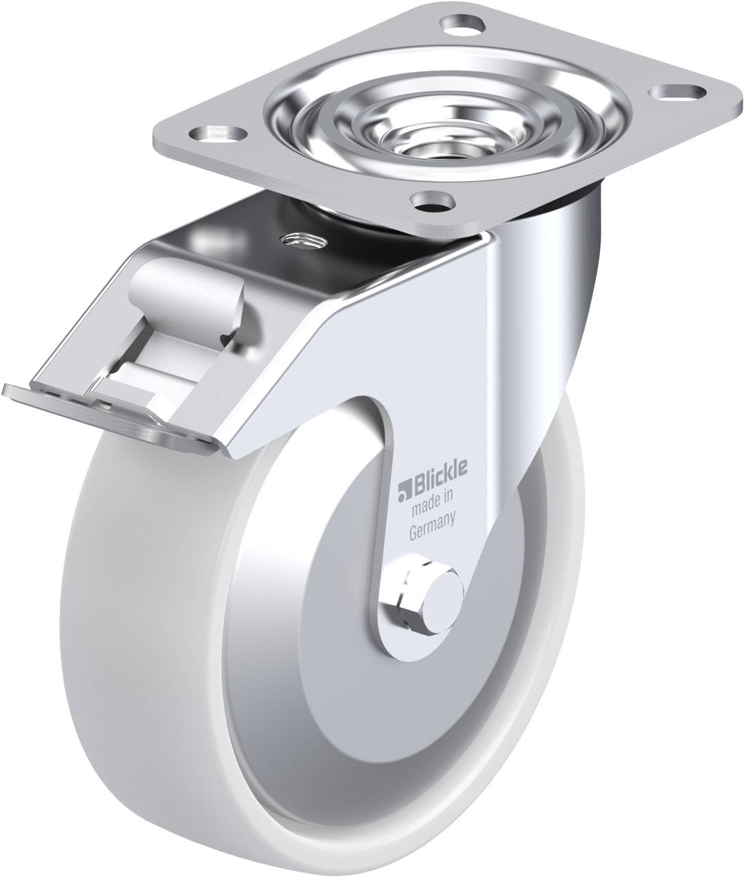 Industrielles Lenkrolle aus Metall mit grauer Gummibereifung und Bodenplatte zur Befestigung, geeignet für schwere Lasten.