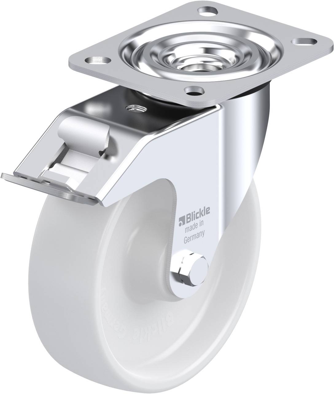 Rolle mit Metallplatte, Schwenklager und weißem Rad, geeignet für Möbel oder Transportgeräte, Aufschrift 'Blickle made in Germany'.