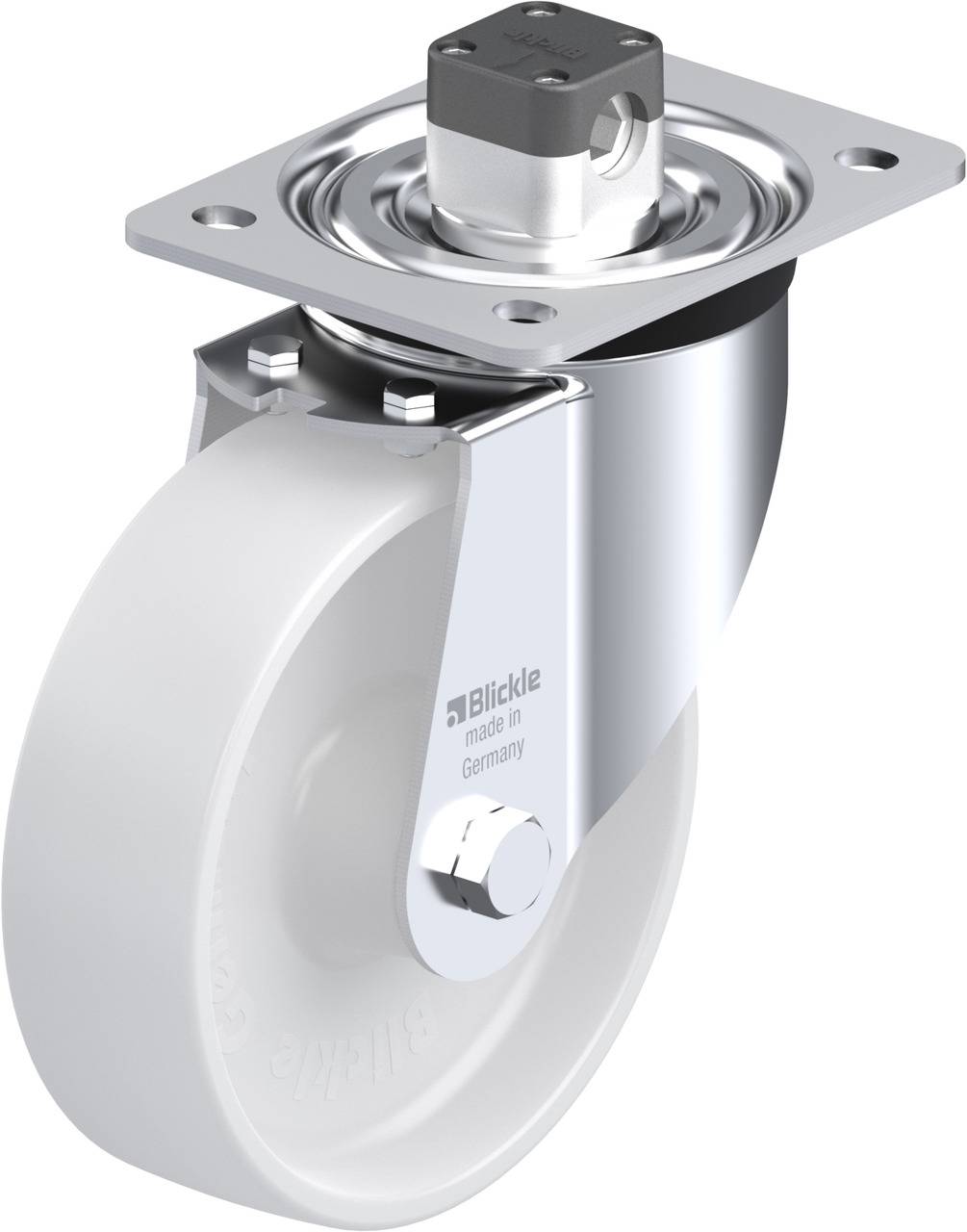 Schwenkrolle aus Metall mit weißem Rad, quadratischer Befestigungsplatte oben; geeignet für industrielle Anwendungen.