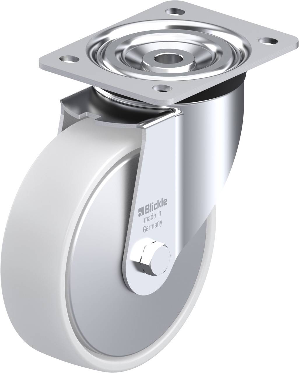 Schwenkrolle aus Metall mit weißem Rad, geeignet für Möbel oder Geräte. Markenlogo 'Blickle' und Herkunft 'Germany' auf der Halterung.