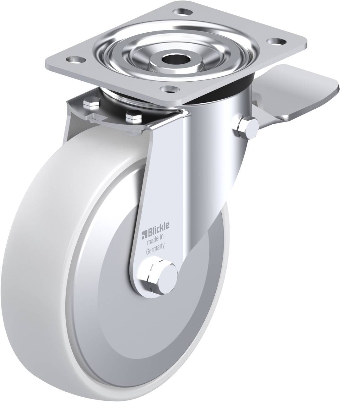 Graue Schwerlastrolle mit drehbarer Metallhalterung und Feststellbremse, geeignet für Möbel- oder Gerätebewegung.