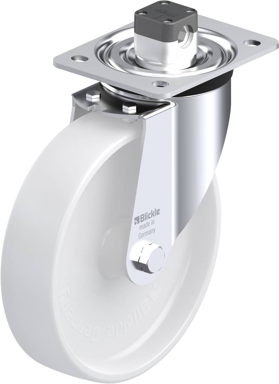 Rolle mit weißem Rad und glänzender Metallhalterung, geeignet für Möbel oder Industrieanwendungen. Enthält Aufschrift 'Blickle'.