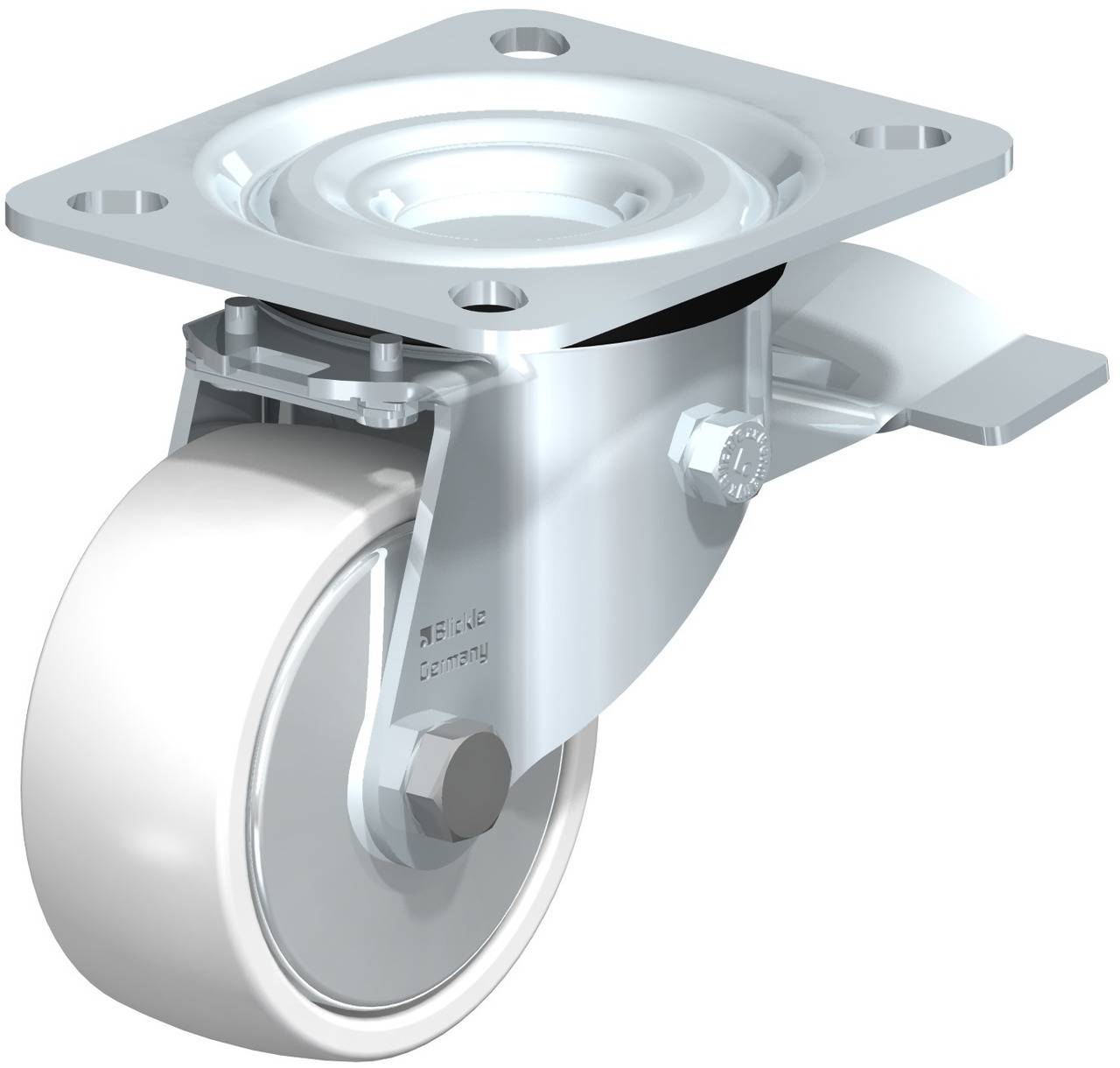 Schwenkrolle aus Metall mit weißem Rad und Befestigungsplatte, geeignet für schwere Lasten in Industrie- oder Transportanwendungen.