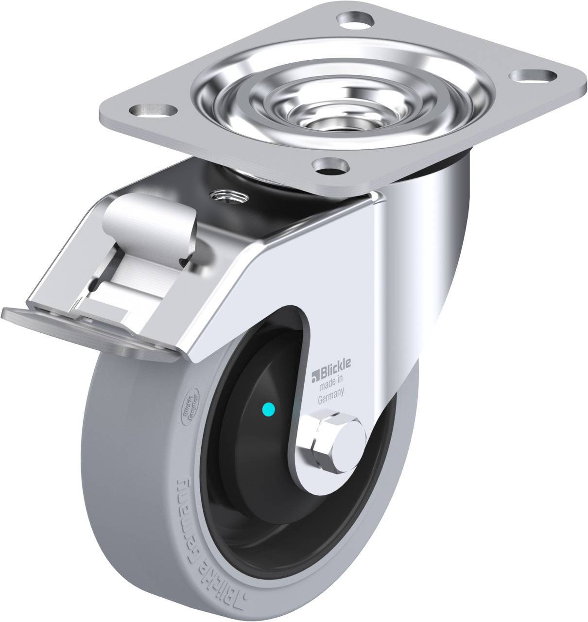 Schwenkrolle mit Bremse, Stahlgehäuse, graues Rad. Geeignet für Möbel oder Geräte, die mobil und sicher fixiert werden sollen.