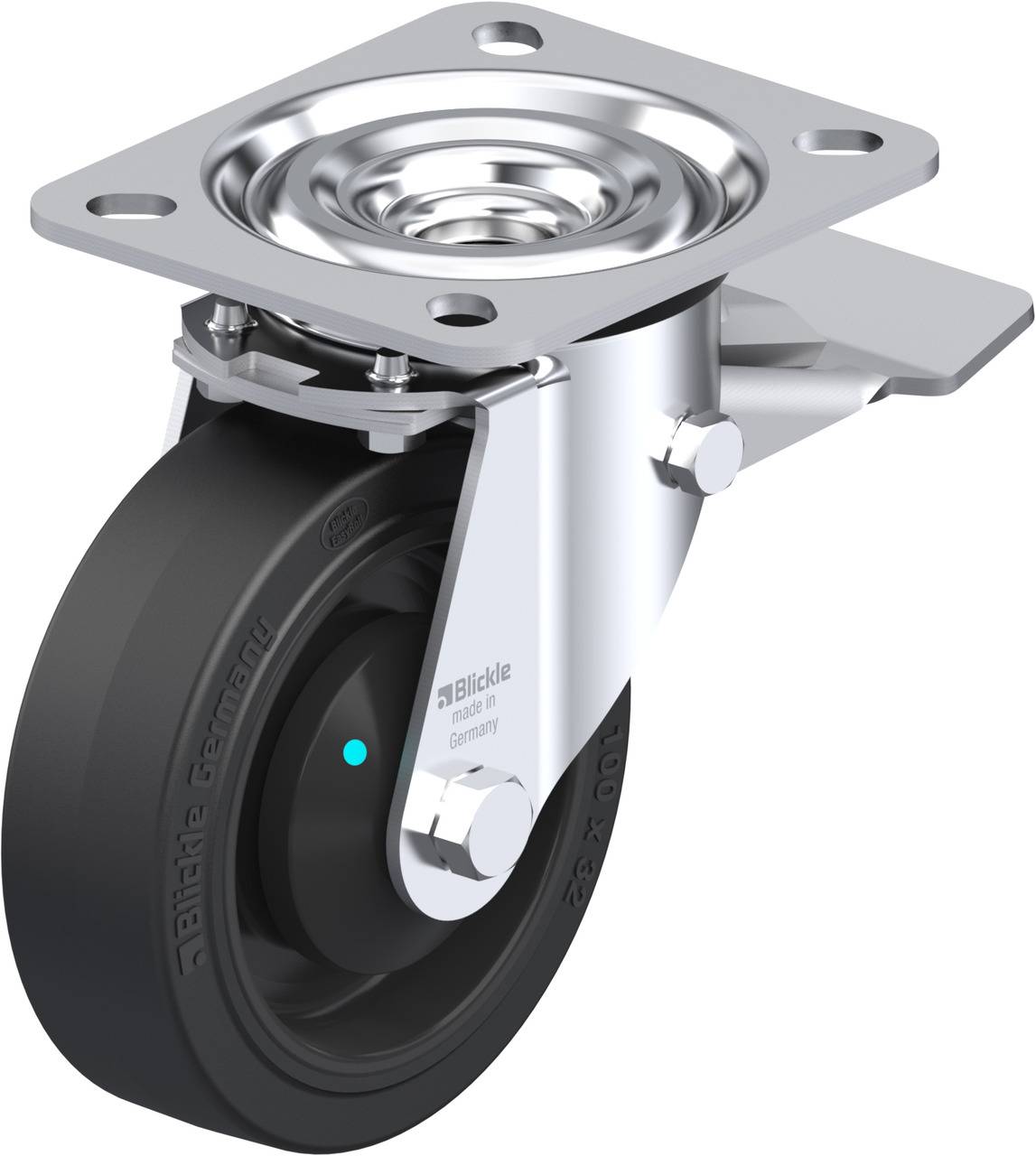 Schwenkrolle aus Metall und Gummi mit rechteckiger Montageplatte. Geeignet für Transportgeräte oder Möbel, mit stabiler Bauweise.