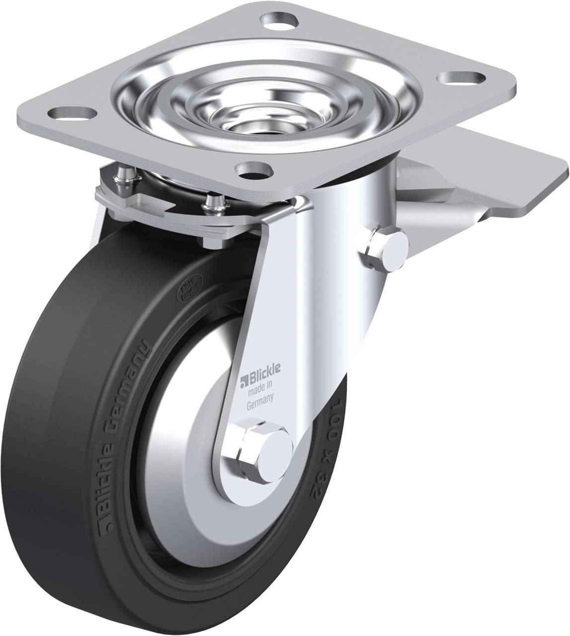 Eine robuste Lenkrolle mit rechteckiger Befestigungsplatte und schwarzem Gummirad, geeignet für Industrieanwendungen.