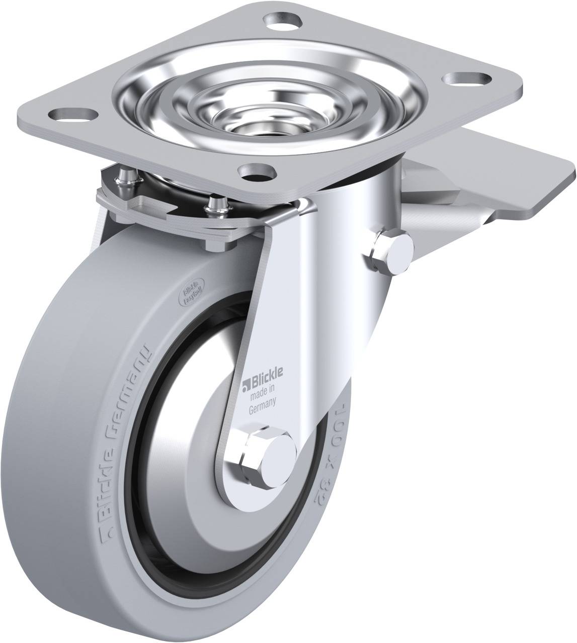 Schwenkrolle aus Metall mit grauem Rad und Befestigungsplatte, meist in Transportwagen oder Möbeln verwendet.