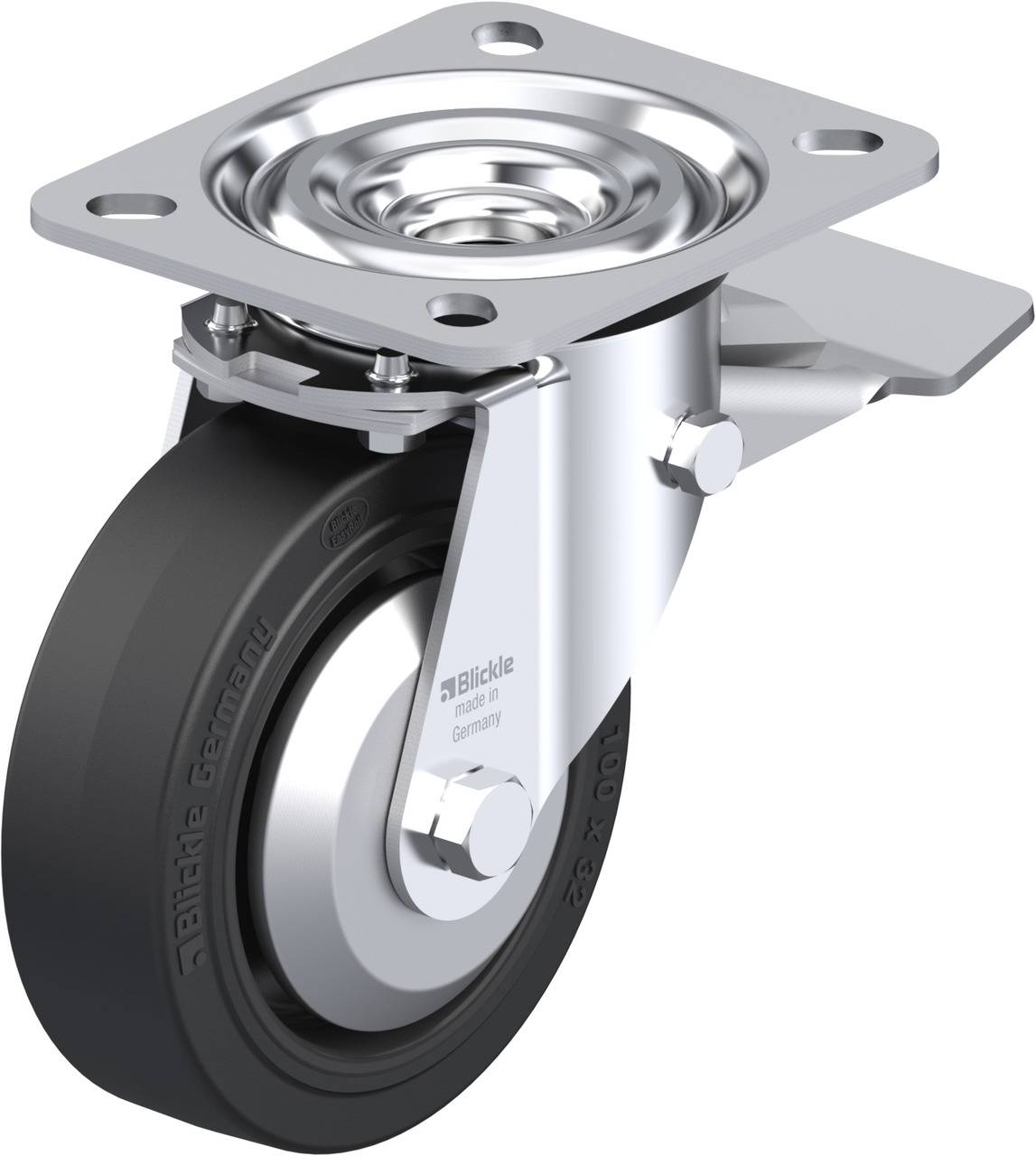 Schwenkrolle mit Gehäuse aus Metall; schwarze Gummilauffläche. Used für industrielle Anwendungen, stabil und drehbar.