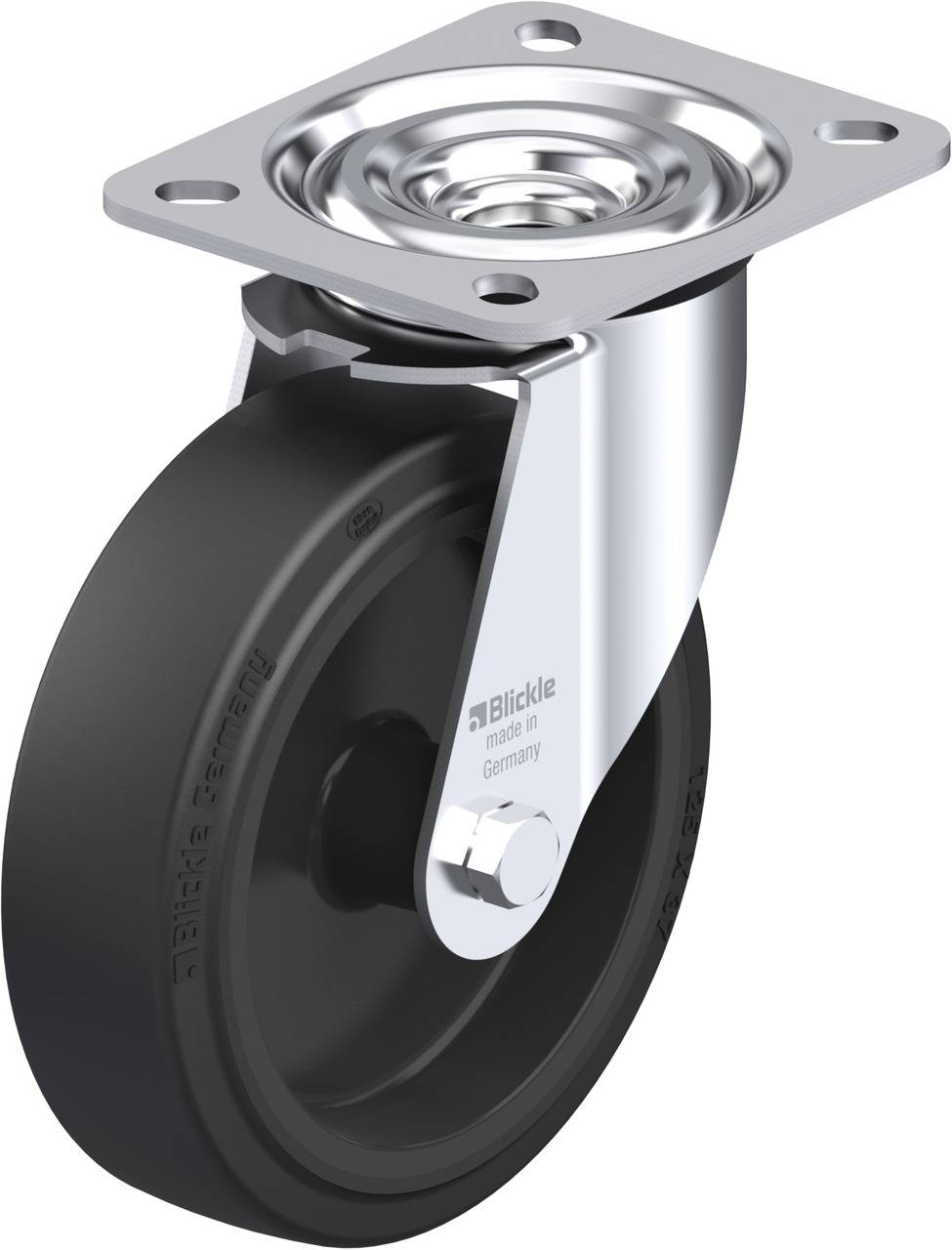 Industrie-Lenkrolle aus Metall und Gummi, mit quadratischer Befestigungsplatte, schwarzem Rad und drehbarem Lager.