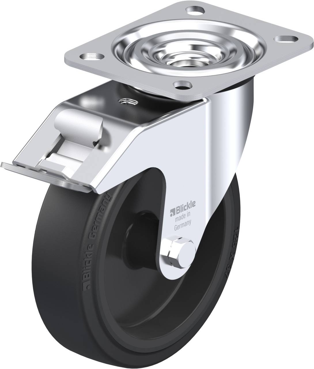 Eine robuste Transportrolle aus Metall mit schwarzem Rad und Befestigungsplatte, geeignet für schwere Lasten.