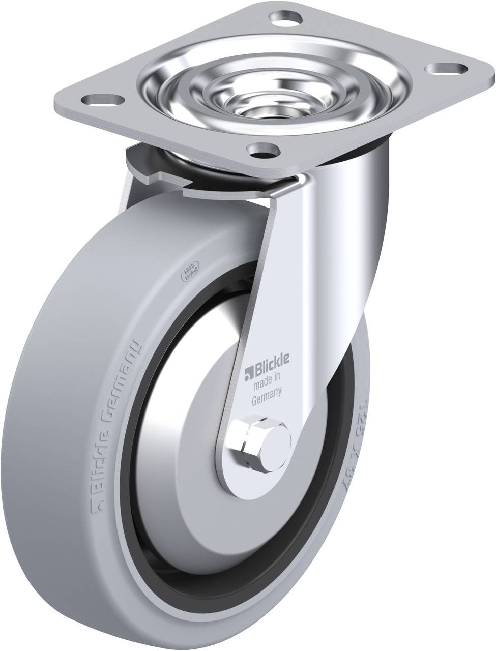 Schwenkrolle aus Metall mit grauem Rad, geeignet für Industrieanwendungen. Markierung 'Blickle made in Germany' auf der Seite.