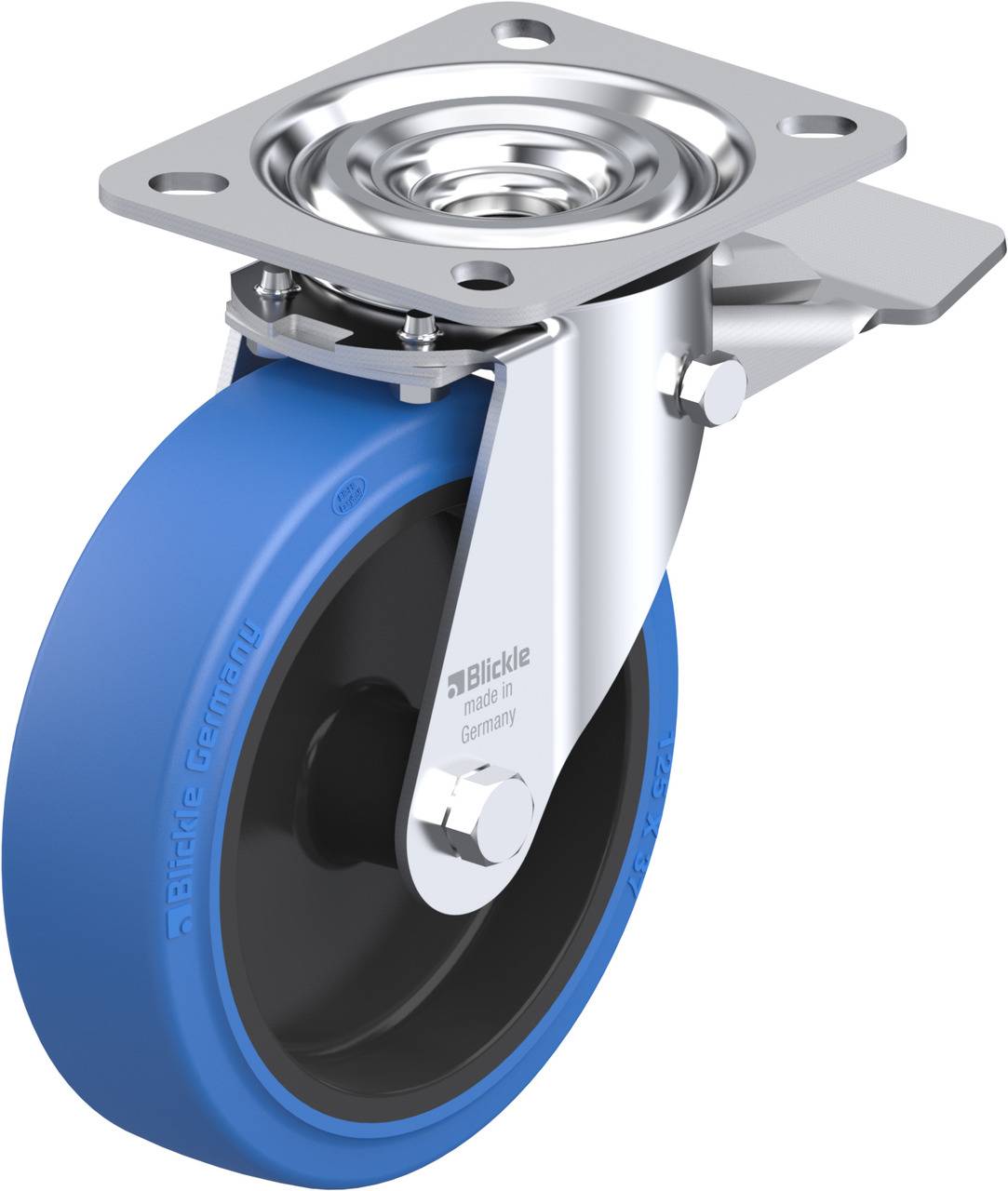 Schwenkrolle mit blauem Rad und silbernem Gehäuse. Geeignet für Transportwagen. 'Blickle' und 'Made in Germany' auf dem Rad erkennbar.