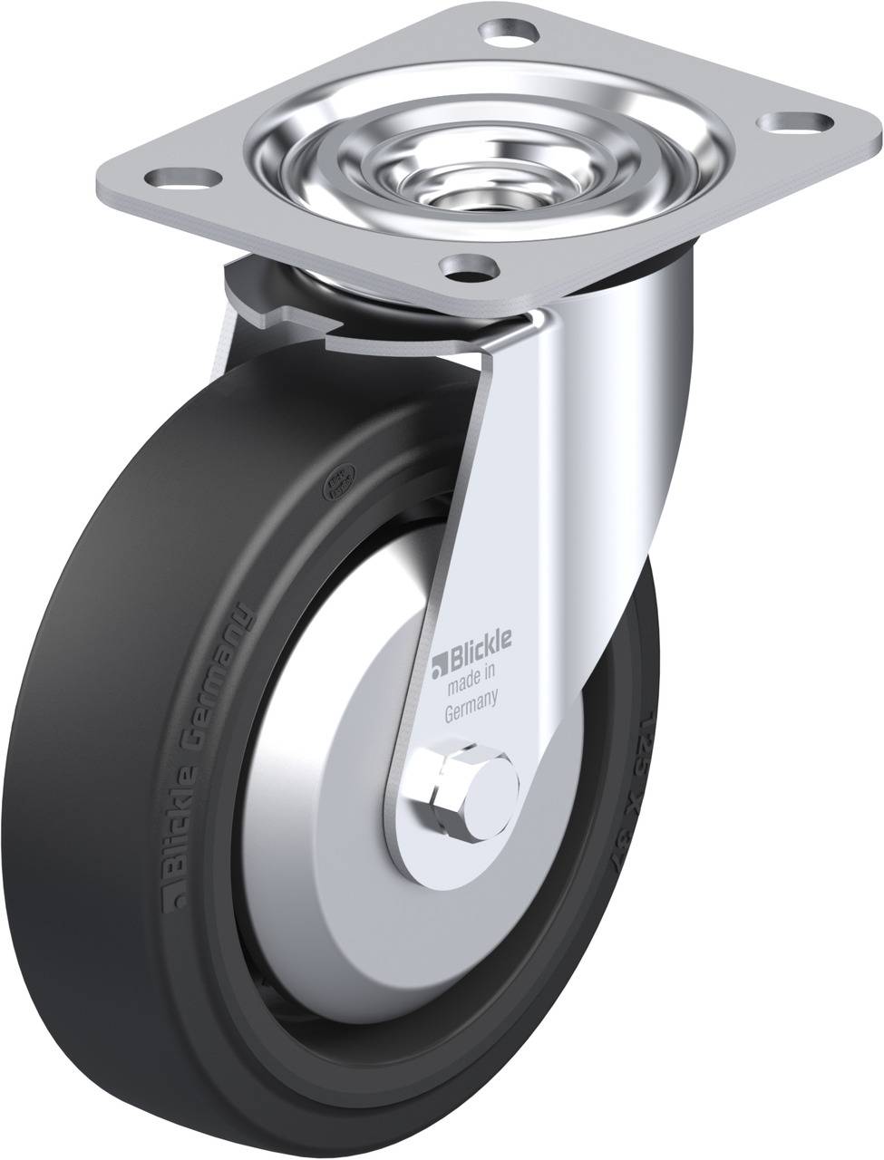 Schwenkrolle mit schwarzem Rad und silbernem Gehäuse, geeignet für Industrieanwendungen; zeigt die Seite und die Befestigungsplatte.