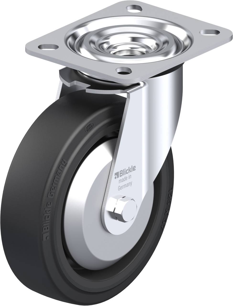 Ein Rollwagenrad aus Metall und Gummi mit Befestigungsplatte, geeignet für Möbel oder Transportwagen. Robust und langlebig designt.