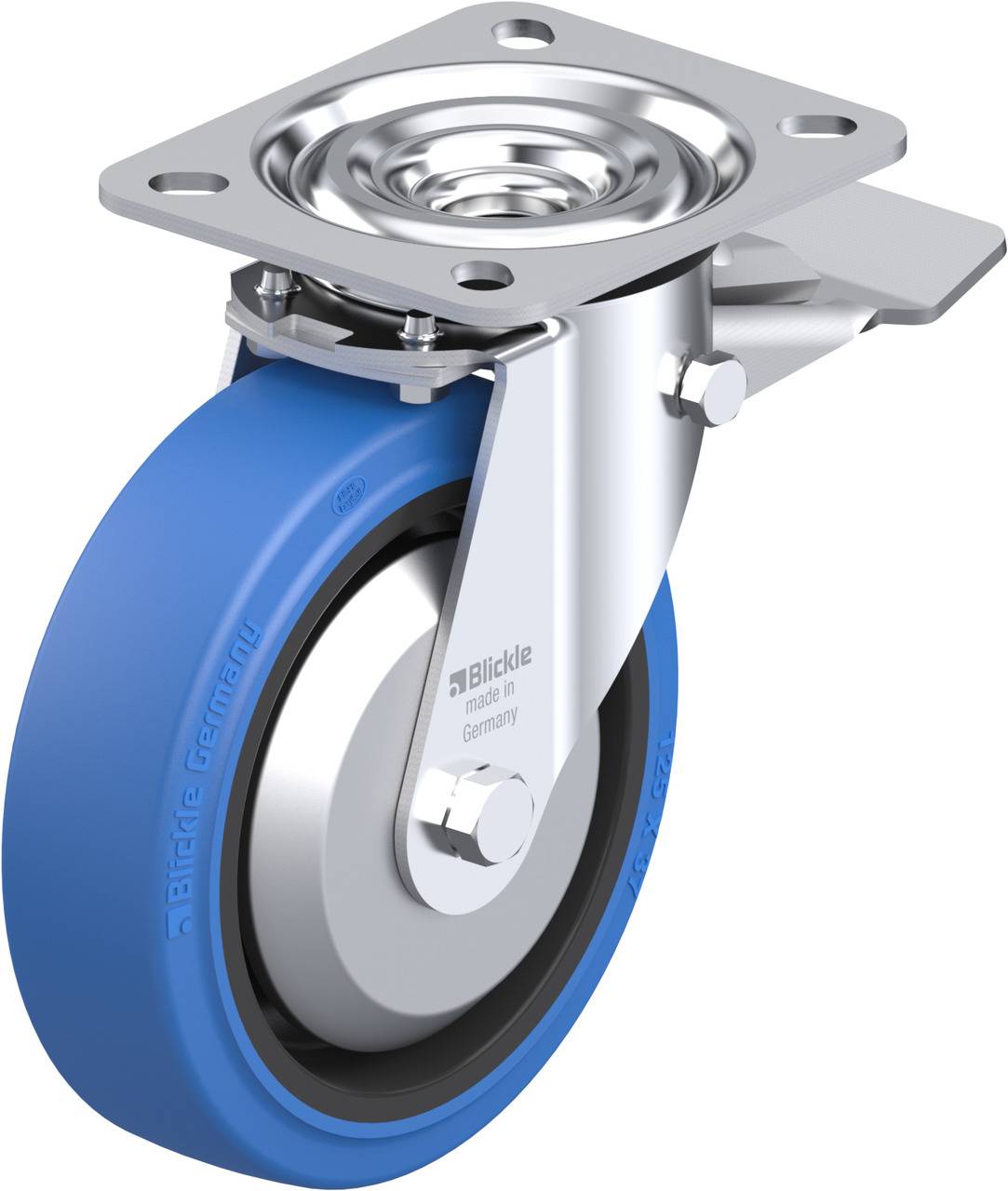 Schwenkrolle mit blauer Gummibereifung und Metallhalterung, geeignet für den Einsatz an Möbeln oder Geräten.