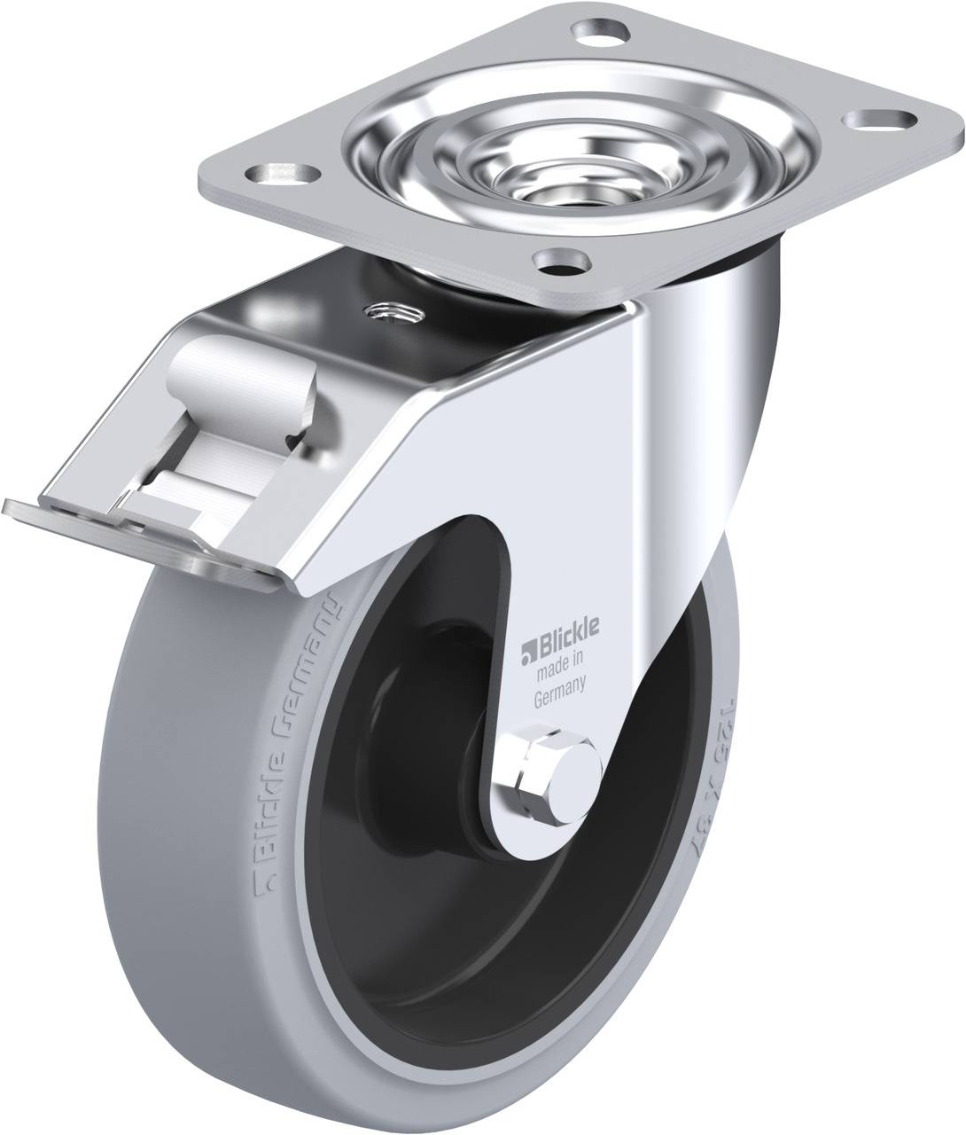 Schwenkrolle aus Metall mit grauem Rad, geeignet für Möbel oder Transportwägen. Solide Bauweise mit Befestigungsplatte.