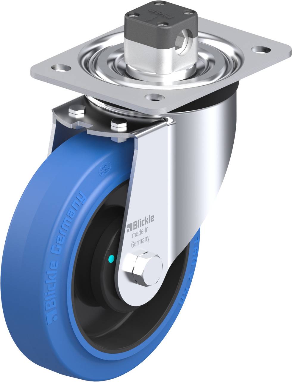 Industrie-Lenkrolle mit blauem Polyurethanrad und silbernem Metallgehäuse, geeignet für hohe Belastungen und leisen Lauf.