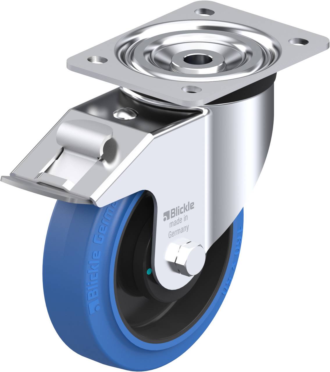 Metallisches Transportrollenrad mit blauer Gummibereifung, drehbar und mit Halterung für Befestigung, designed für Lasten.