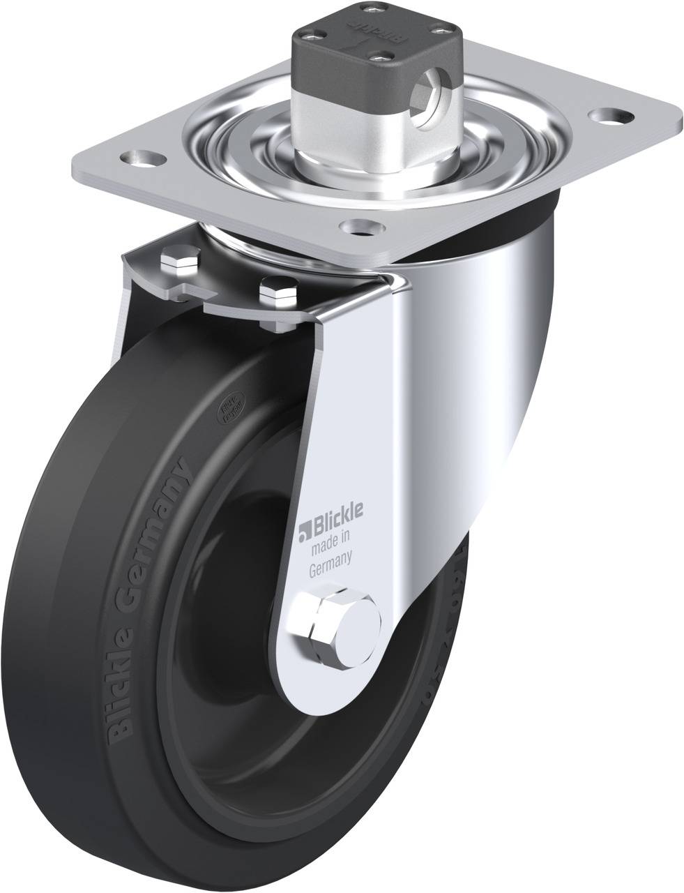 Schwenkrolle mit schwarzem Rad, silbernem Metallgehäuse und Montageplatte. Aufschrift 'Blickle Germany' sichtbar am Rad.