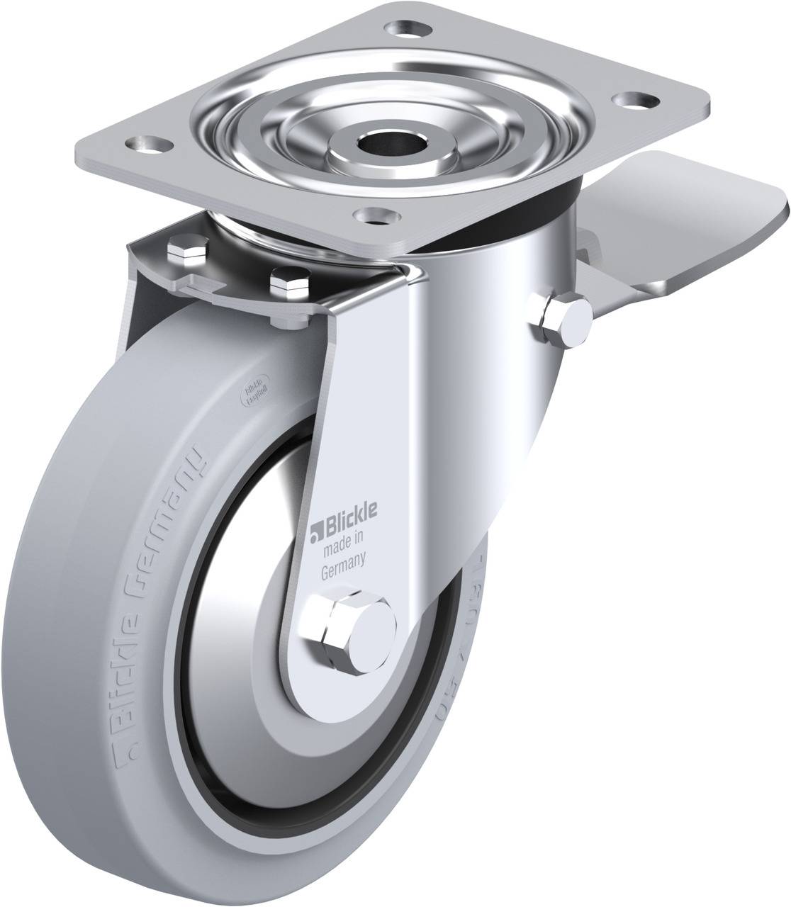 Lenkrolle mit grauem Rad und Metallgehäuse, geeignet für Möbel oder Transportgeräte. Edelstahlplatte für einfache Montage.