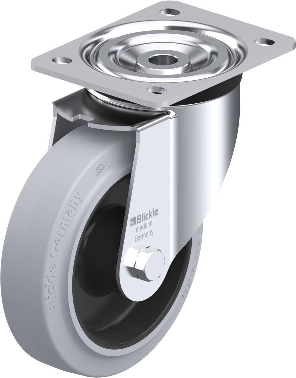 Grau-schwarzes Lenkrolle mit Metallgehäuse und Montagescheibe. Geprägt mit 'Blickle', 'Made in Germany'. Verwendet für Transportwagen.