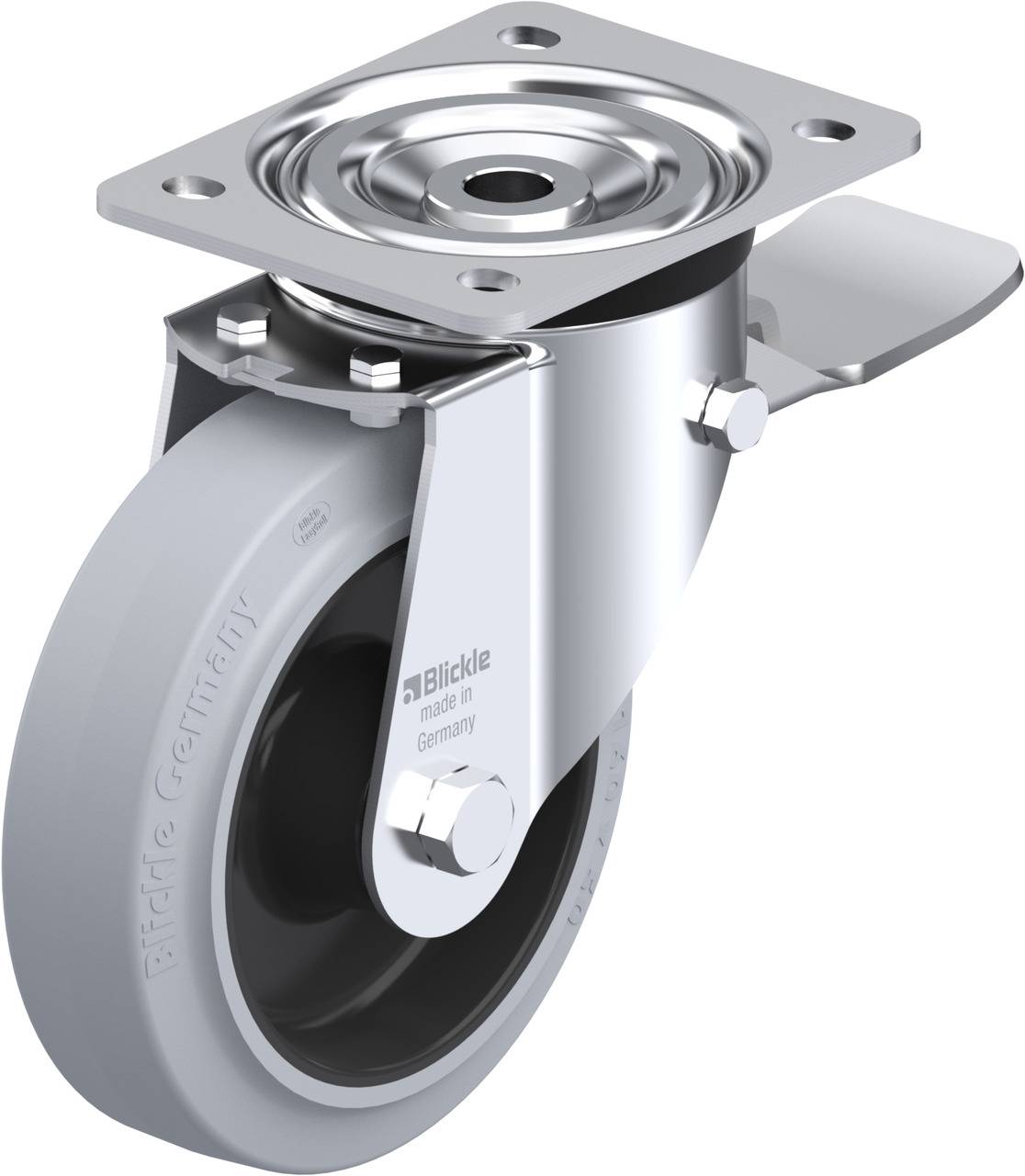 Ein drehbares Rad mit Metallhalterung und grauem Gummi von der Marke Blickle, geeignet für den Bau von beweglichen Plattformen oder Wagen.