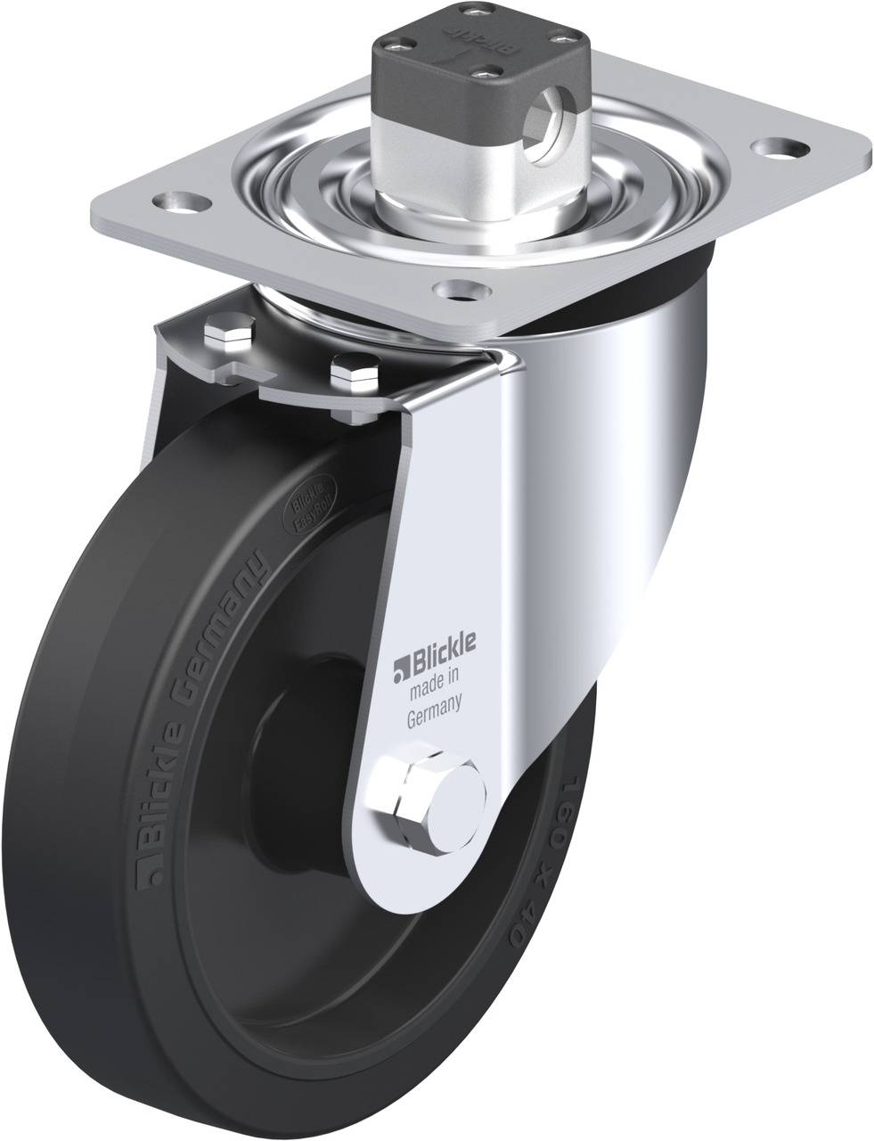 Schwenkrolle mit schwarzem Rad und silbernem Gehäuse, geeignet zur Befestigung an Möbeln oder Geräten. Markierung 'made in Germany'.